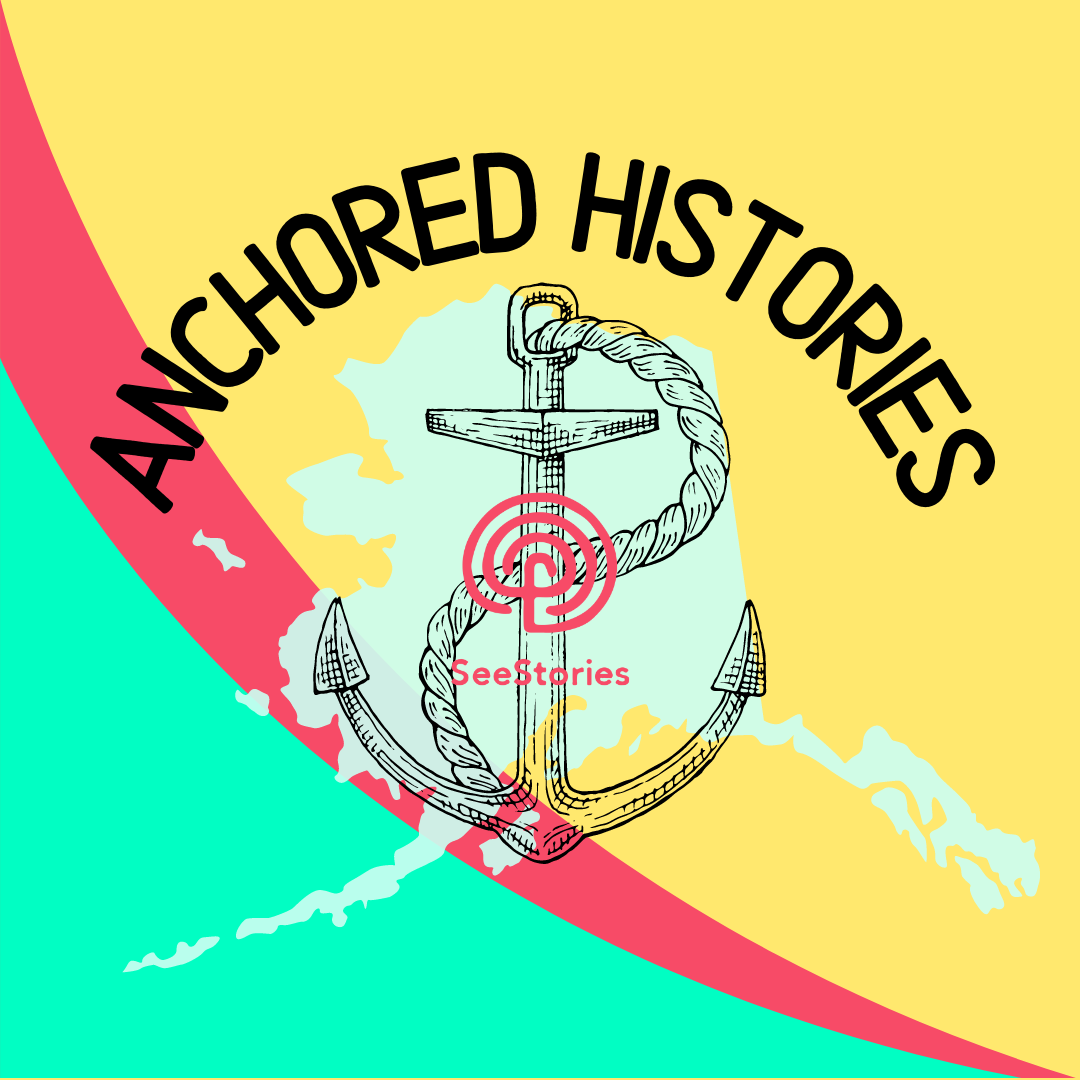 Anchored Histories title: an anchor over the state of Alaska with a small See Stories labyrinth logo in the middle